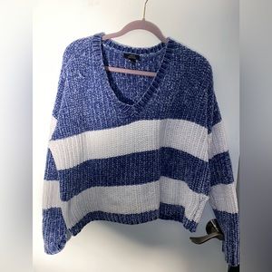 Blue and white striped v neck medium sweater